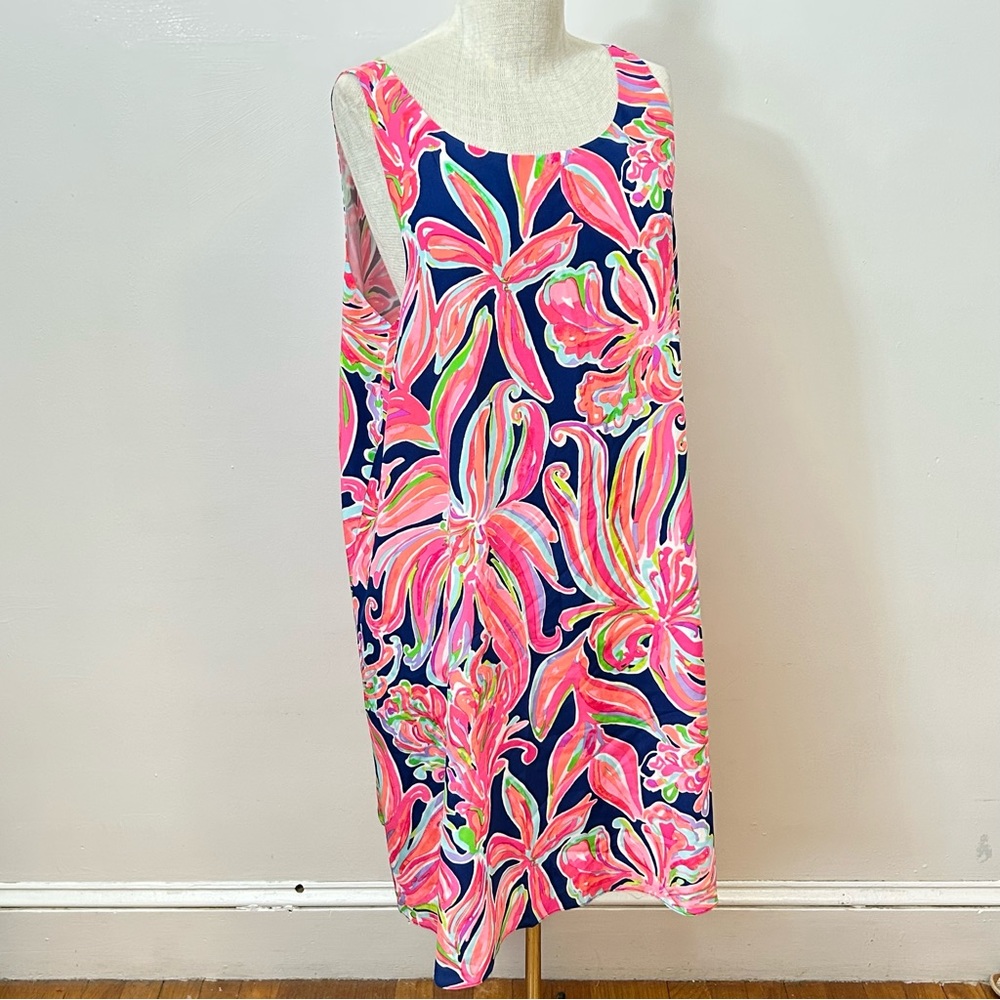Lilly Pulitzer Pink, Navy & Lime Floral Shift Dress EUC